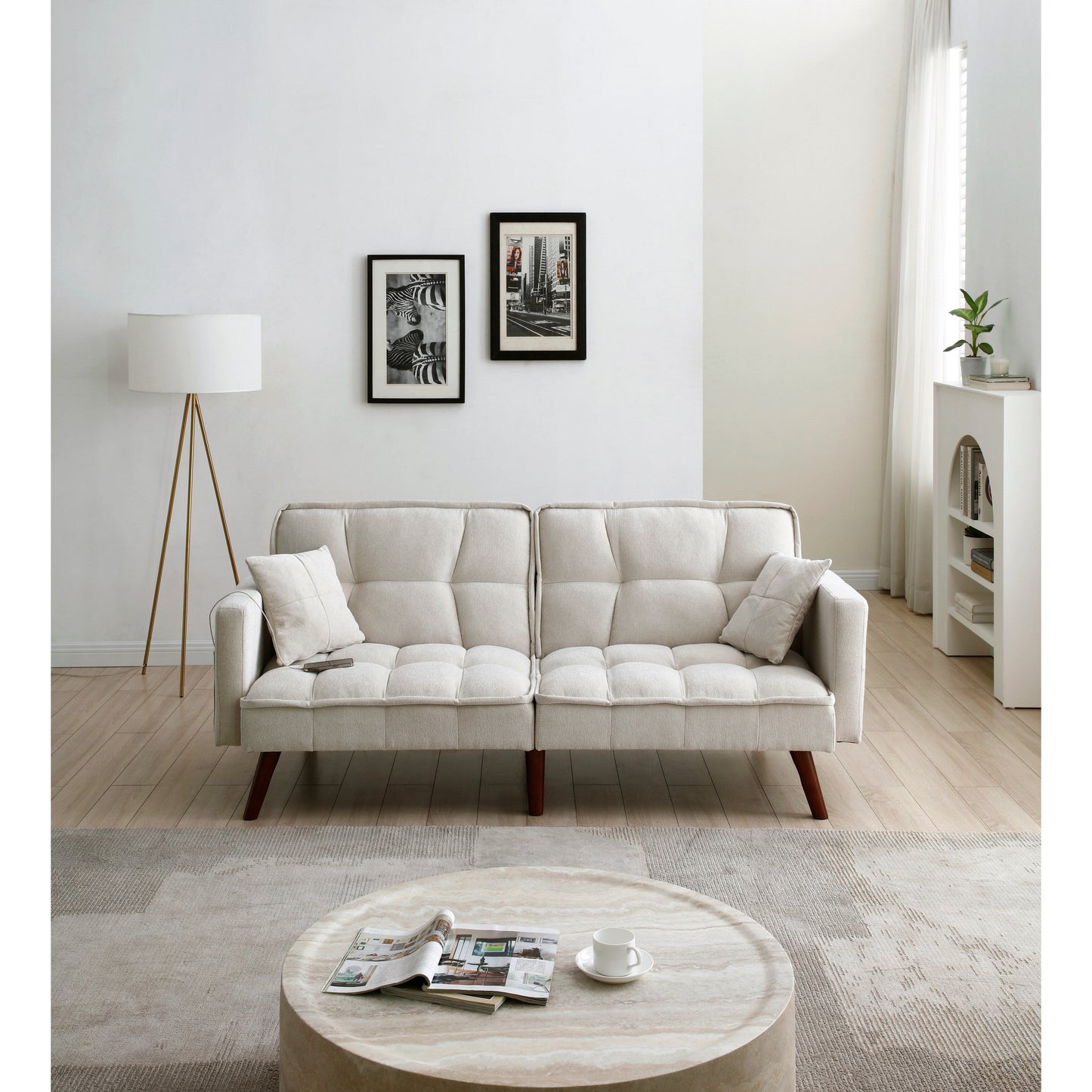 Beige 75.6 Chenille Loveseat Sofa Bed with USB Charging Port and Adjustable Backrest for Living Room
