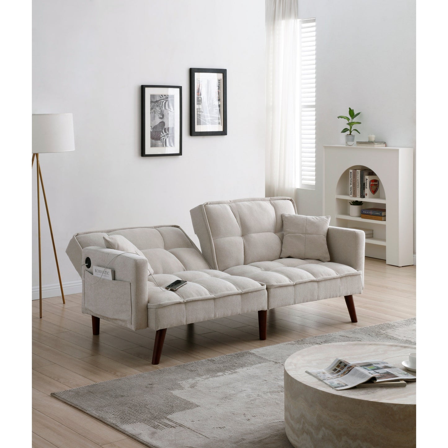 Beige 75.6 Chenille Loveseat Sofa Bed with USB Charging Port and Adjustable Backrest for Living Room