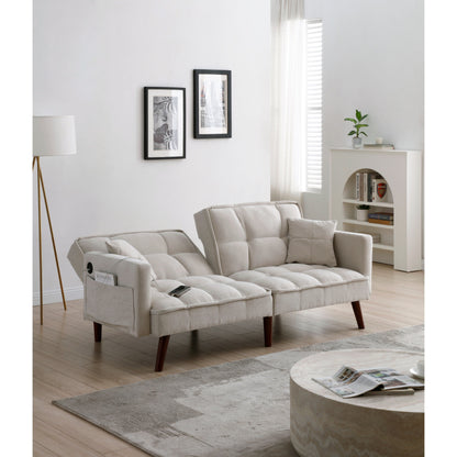 Beige 75.6 Chenille Loveseat Sofa Bed with USB Charging Port and Adjustable Backrest for Living Room