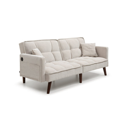 Beige 75.6 Chenille Loveseat Sofa Bed with USB Charging Port and Adjustable Backrest for Living Room