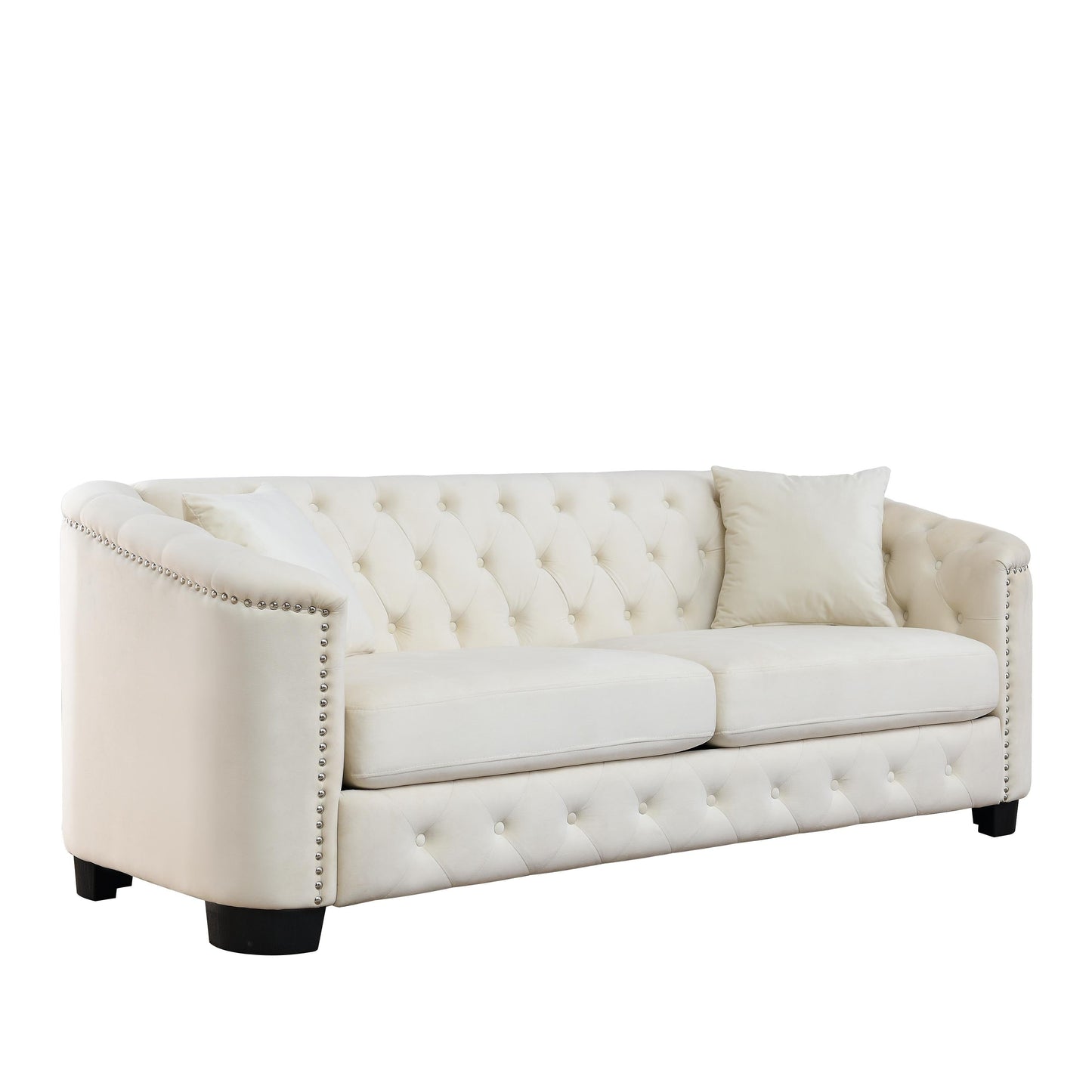 Beige 77'' Velvet 3-Seater Sofa with Tufted Backrest and Pillows