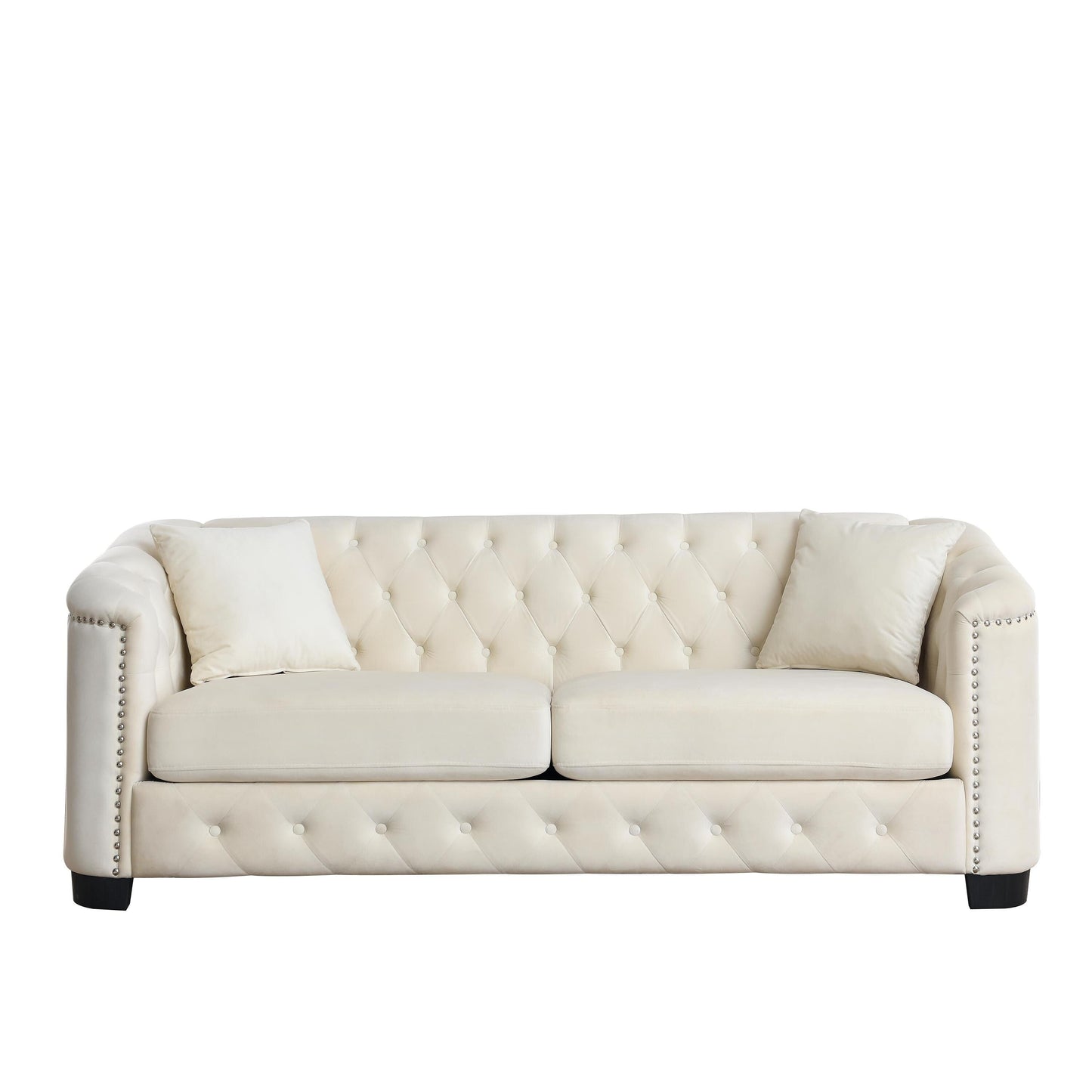 Beige 77'' Velvet 3-Seater Sofa with Tufted Backrest and Pillows