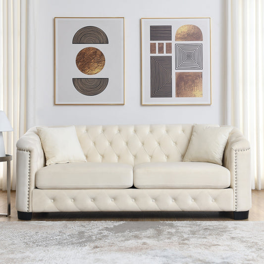 Beige 77'' Velvet 3-Seater Sofa with Tufted Backrest and Pillows