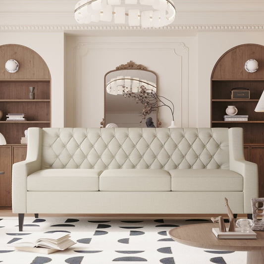 Beige 78.75 Polyester 3-Seater Sofa with Tufted Back and Cushions