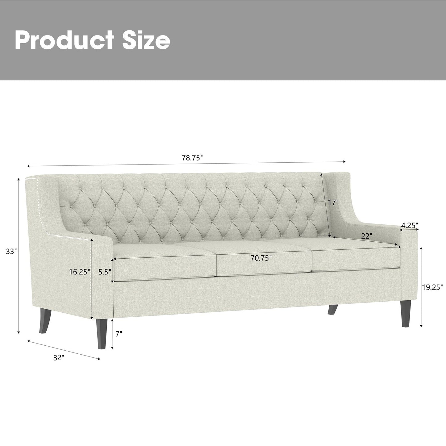 Beige 78.75 Polyester 3-Seater Sofa with Tufted Back and Cushions