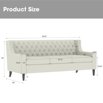 Beige 78.75 Polyester 3-Seater Sofa with Tufted Back and Cushions