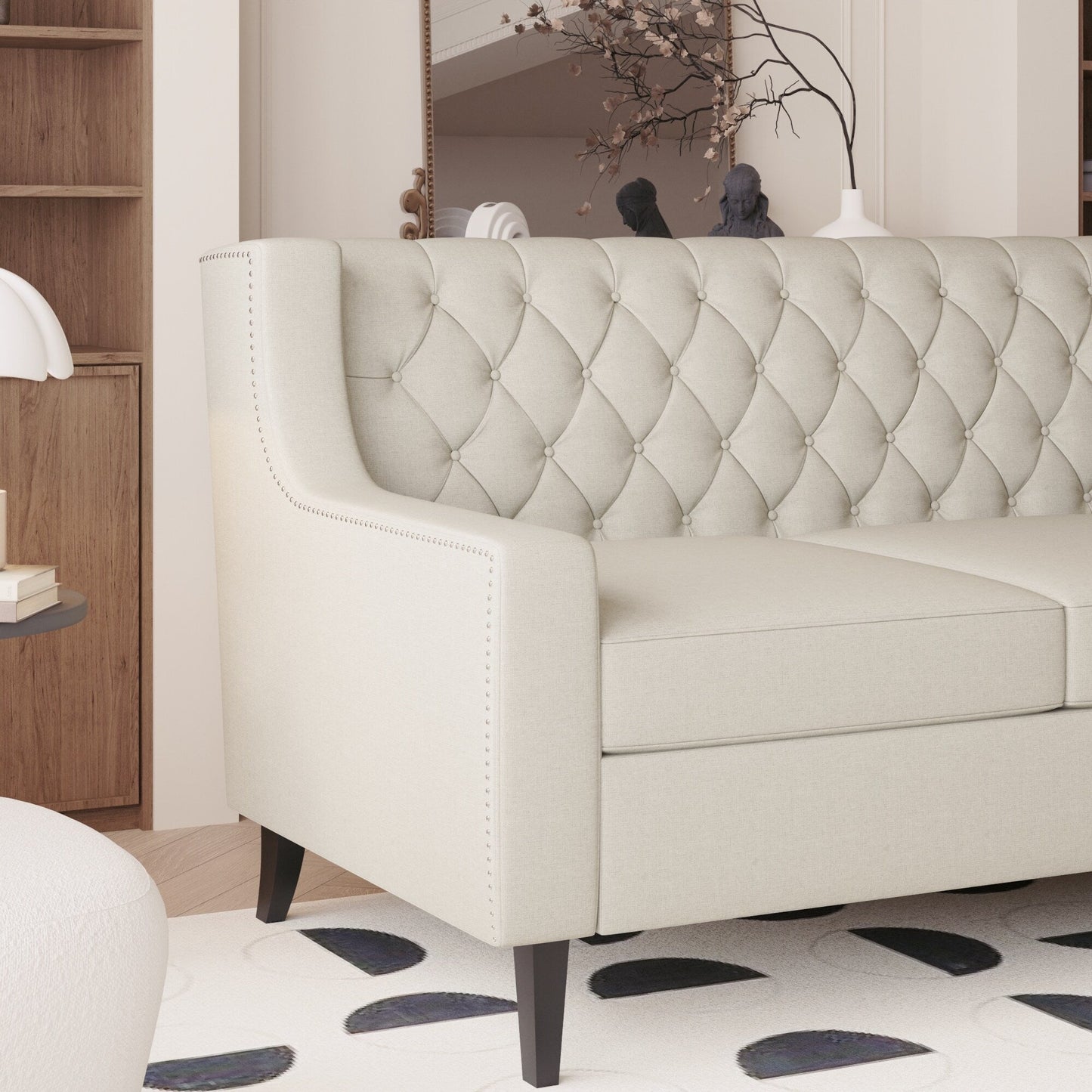 Beige 78.75 Polyester 3-Seater Sofa with Tufted Back and Cushions