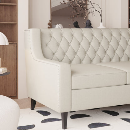 Beige 78.75 Polyester 3-Seater Sofa with Tufted Back and Cushions