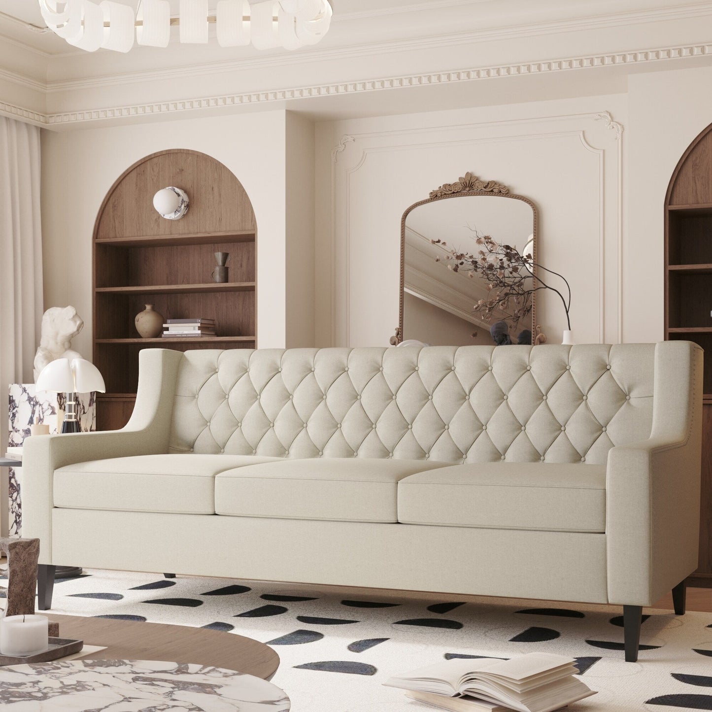Beige 78.75 Polyester 3-Seater Sofa with Tufted Back and Cushions