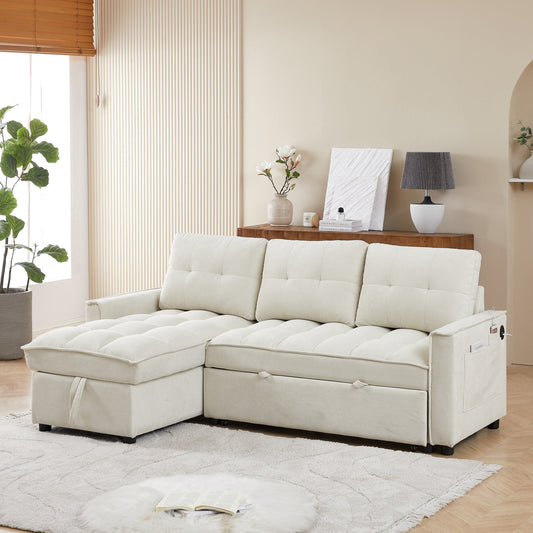 Beige 78.75'' L-Shaped Sleeper Sofa, 3-Seater with Pull-Out Bed, Chaise Storage, USB and Type-C Charging Ports, and Organizer