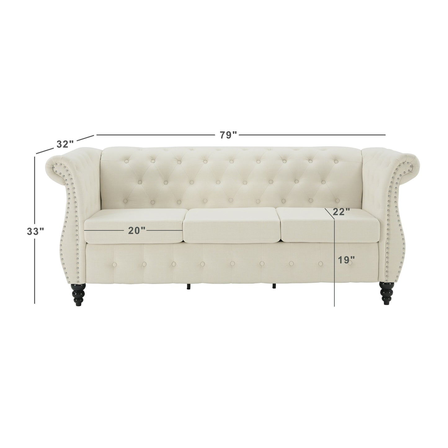Beige 79'' Linen 3-Seater Sofa with Button Tufting and Rolled Arms