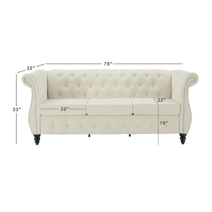 Beige 79'' Linen 3-Seater Sofa with Button Tufting and Rolled Arms