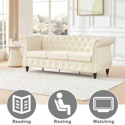 Beige 79'' Linen 3-Seater Sofa with Button Tufting and Rolled Arms
