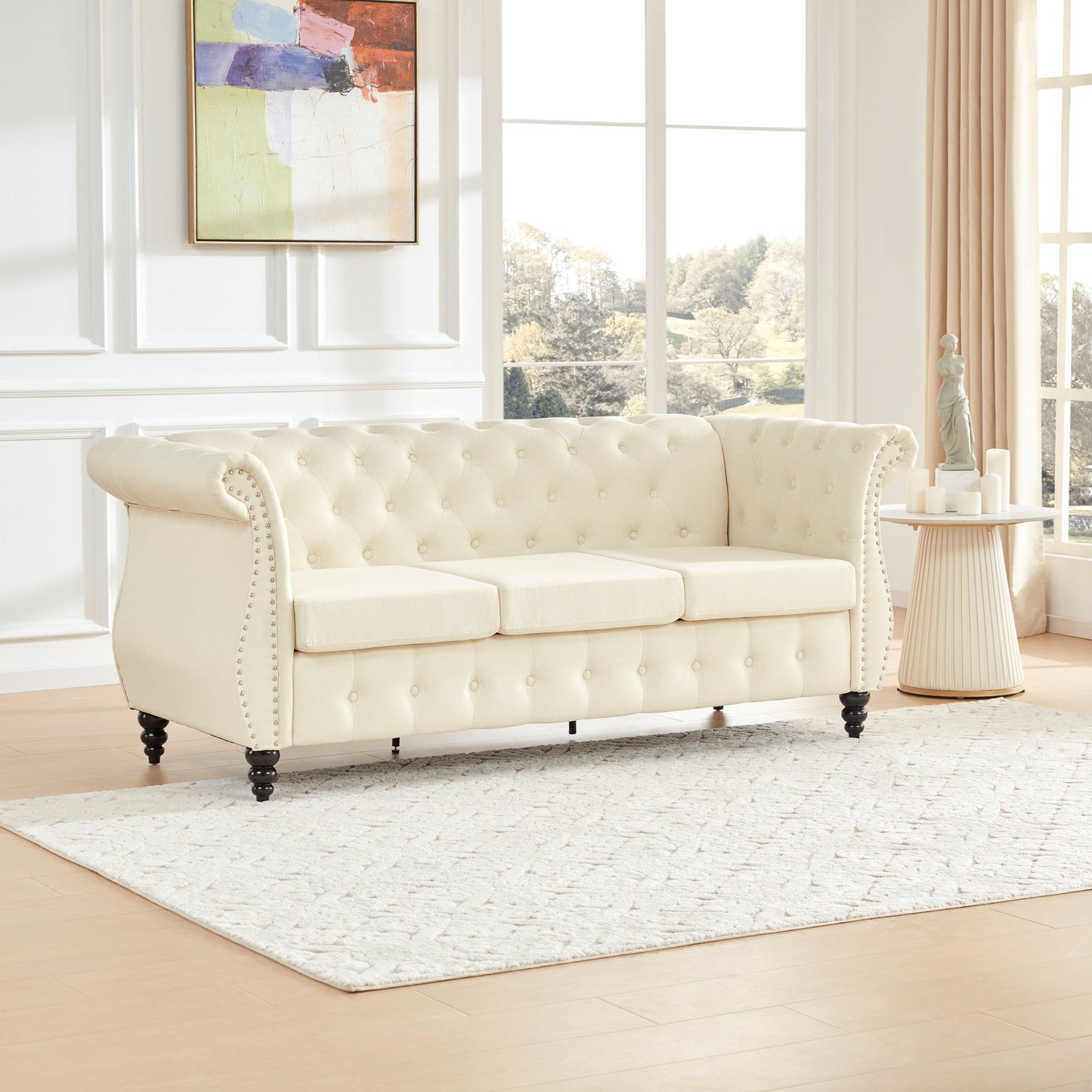 Beige 79'' Linen 3-Seater Sofa with Button Tufting and Rolled Arms