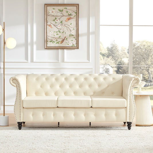 Beige 79'' Linen Upholstered 3-Seater Sofa with Button Tufting, Rolled Arms, Nailhead Accents, and Turned Wood Legs