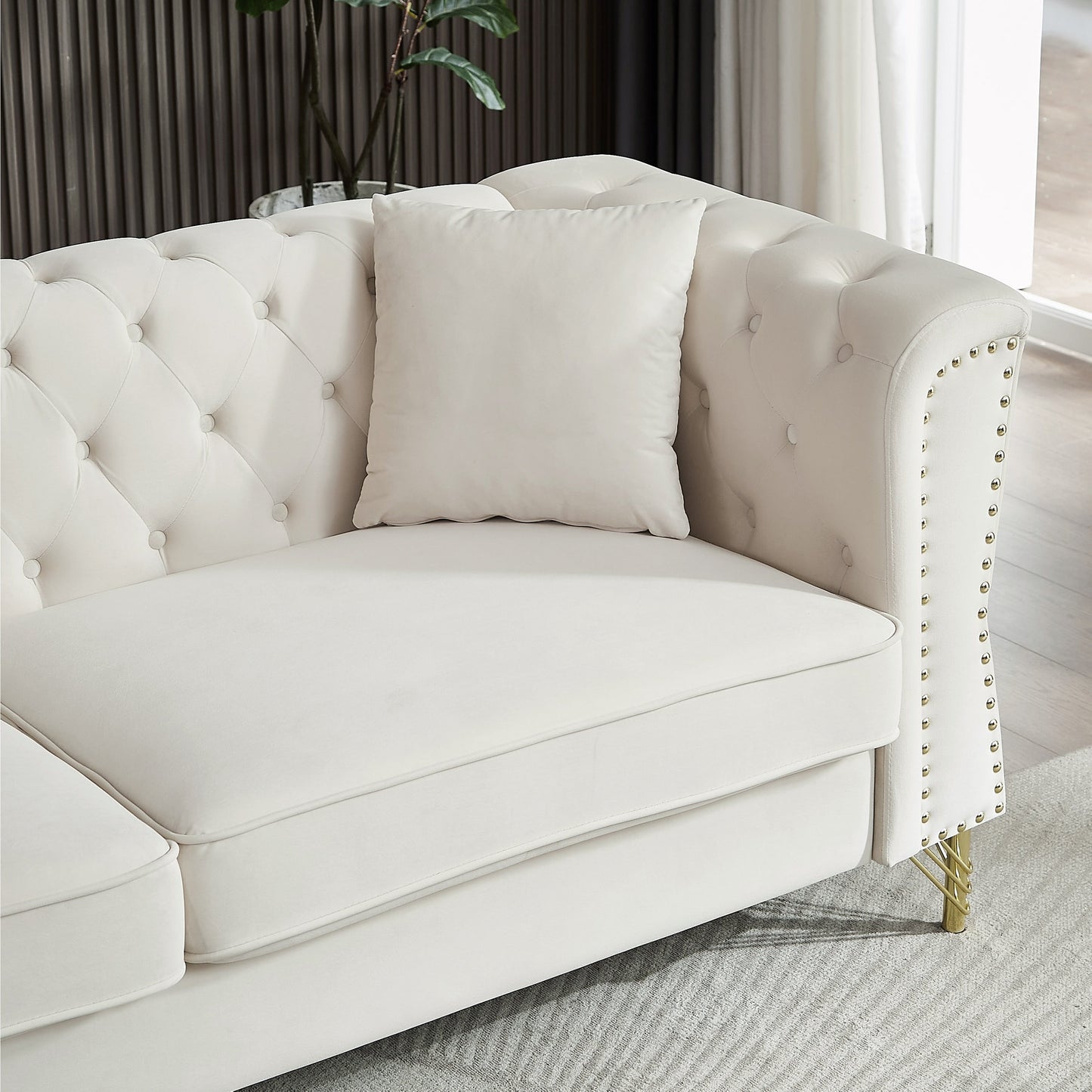 Beige 81.8 Velvet 3-seater Sofa with Tufted Couch and Metal Foot for Living Room