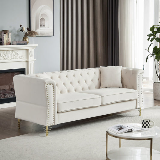 Beige 81.8'' Velvet 3-Seater Sofa with Metal Feet, Nailhead Trim, and Foam Padding