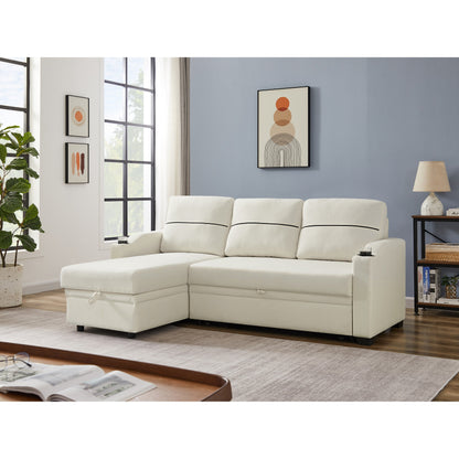 Beige 81.9 Fabric 3-Seater Sofa with Storage Chaise, Comfortable Wooden Frame Couch