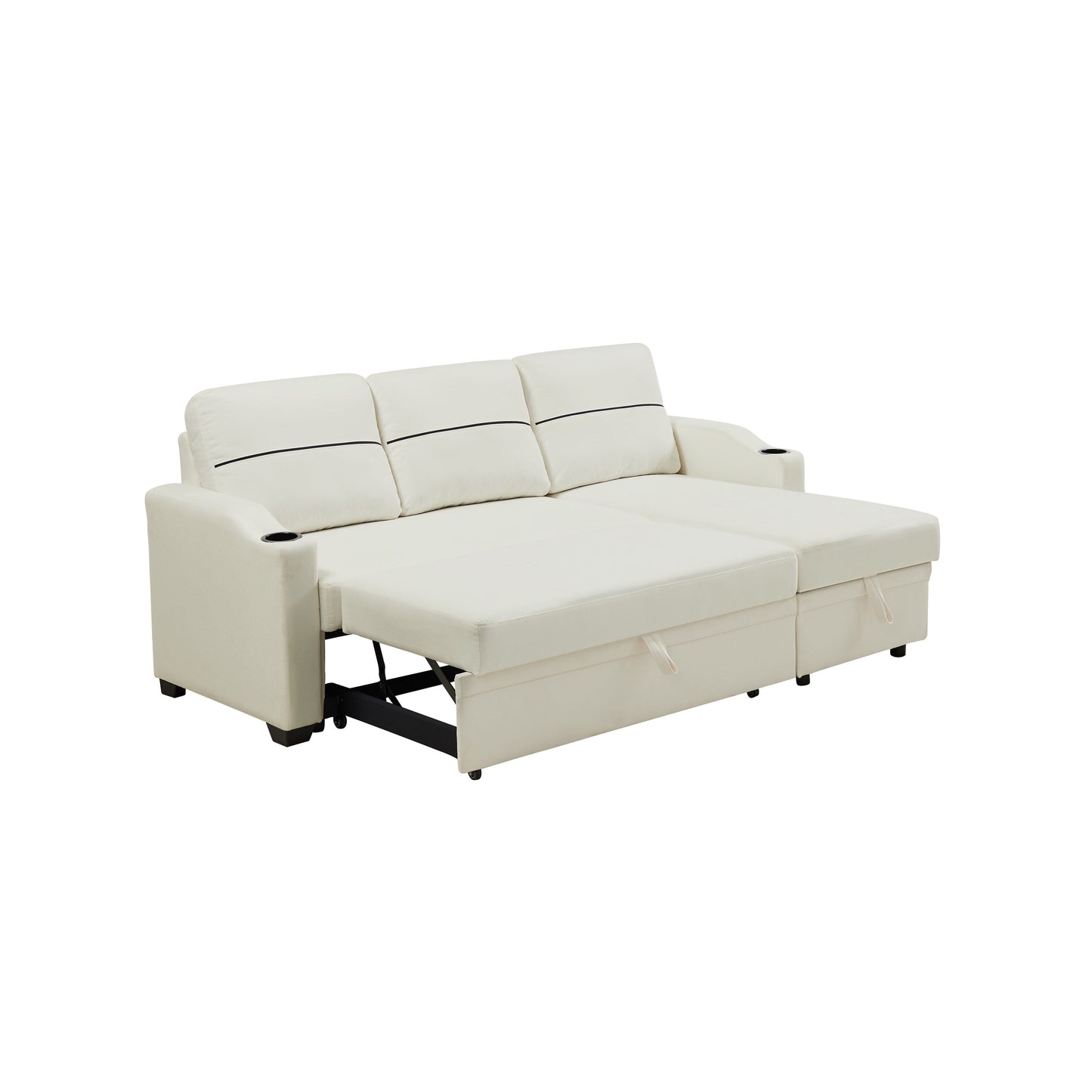 Beige 81.9 Fabric 3-Seater Sofa with Storage Chaise, Comfortable Wooden Frame Couch