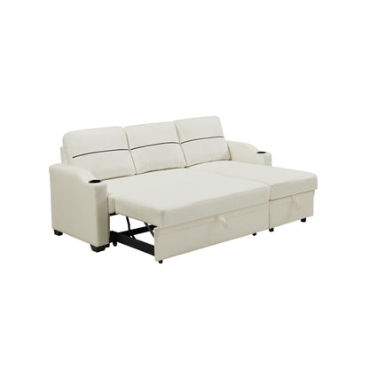 Beige 81.9 Fabric 3-Seater Sofa with Storage Chaise, Comfortable Wooden Frame Couch