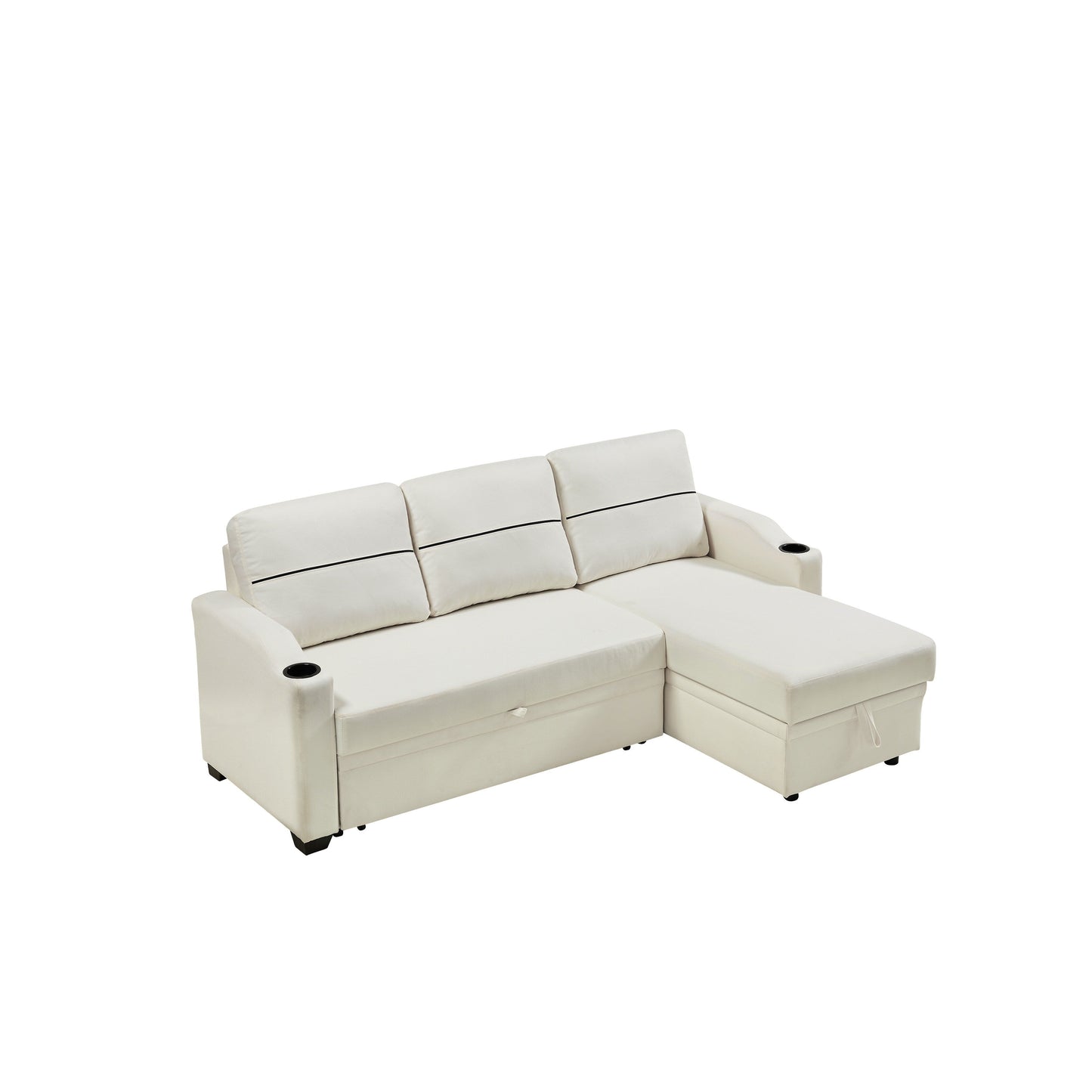 Beige 81.9 Fabric 3-Seater Sofa with Storage Chaise, Comfortable Wooden Frame Couch
