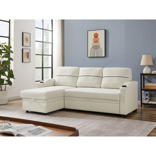 Beige 81.9'' 3-Seater Sofa with Chaise, Storage Lounge, and Easy-to-Move Design with Plastic Feet and Rubber Wheels