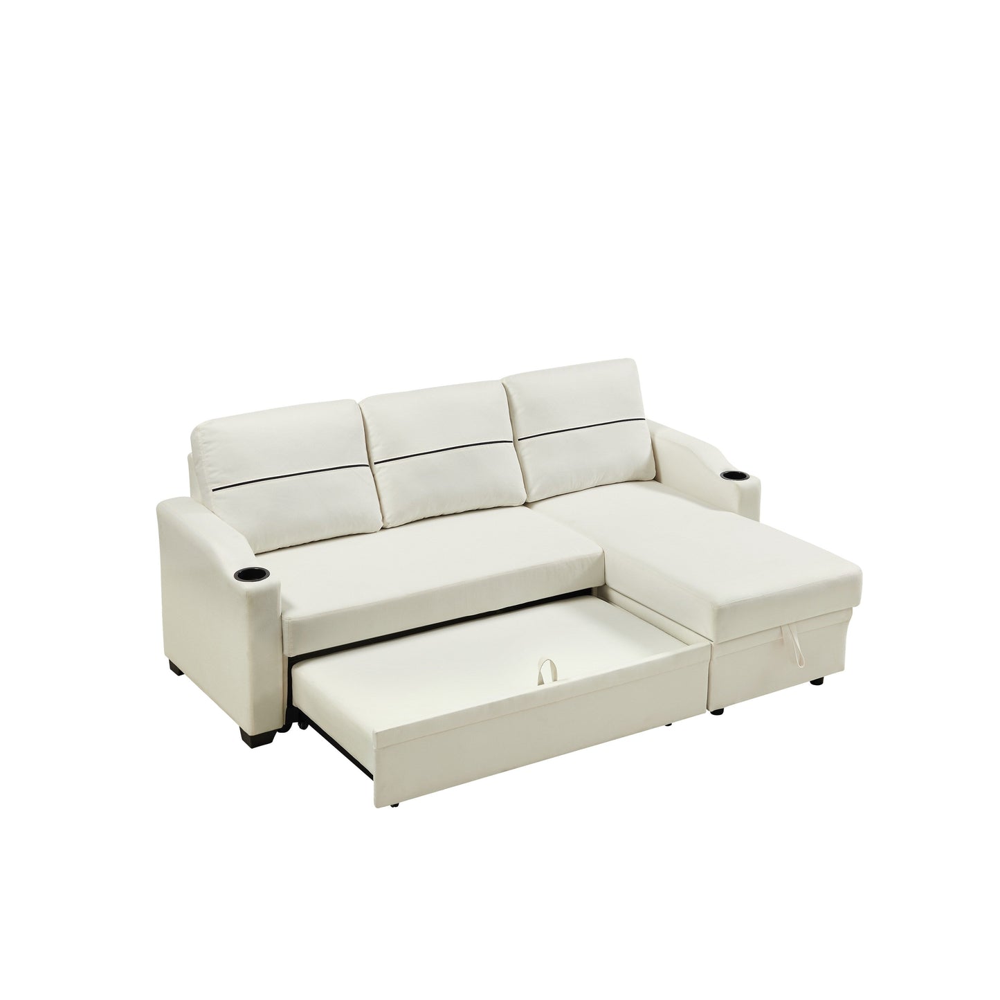 Beige 81.9'' 3-Seater Sofa with Chaise, Storage Lounge, and Easy-to-Move Design with Plastic Feet and Rubber Wheels