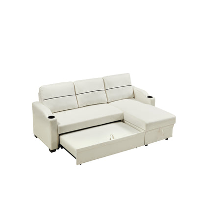 Beige 81.9'' 3-Seater Sofa with Chaise, Storage Lounge, and Easy-to-Move Design with Plastic Feet and Rubber Wheels