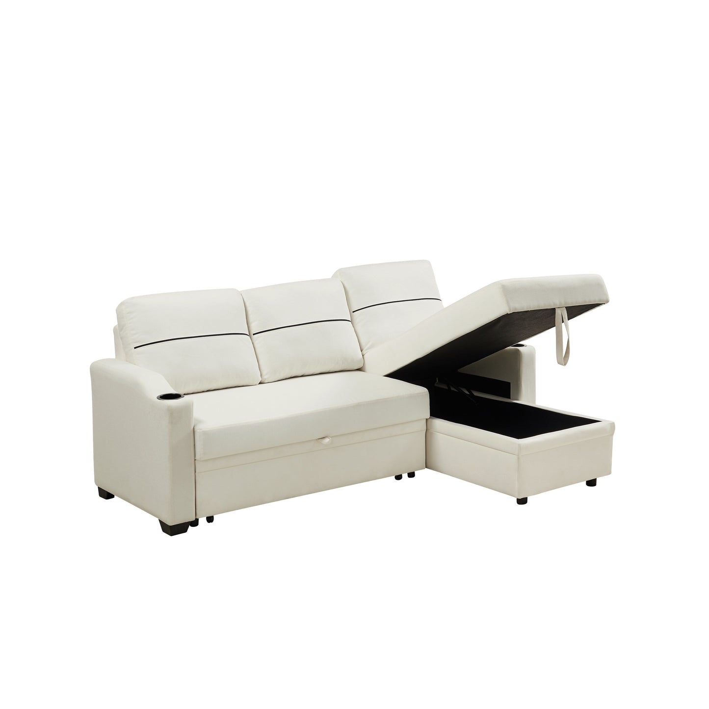 Beige 81.9'' Fabric 3-Seater Sofa with Storage Chaise, Wooden Frame, and Metal Wheels