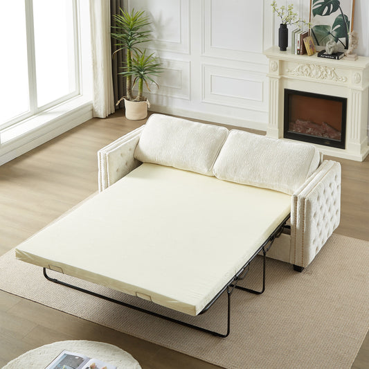 Beige 81 Chenille Nailheads 3-seater Sleeper Sofa with Memory Foam Mattress for Living Room