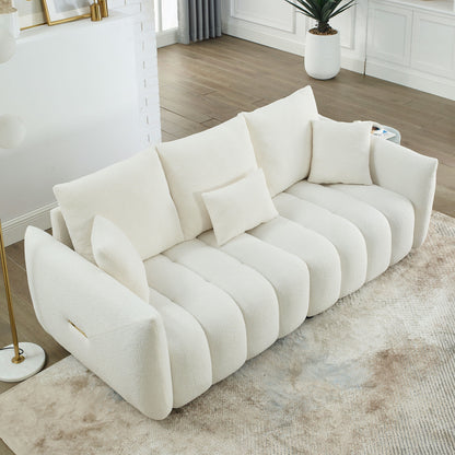 Beige 82 Teddy Upholstered 3-seater Sofa with 3 Back Pillows and Solid Wood Frame for Living Room