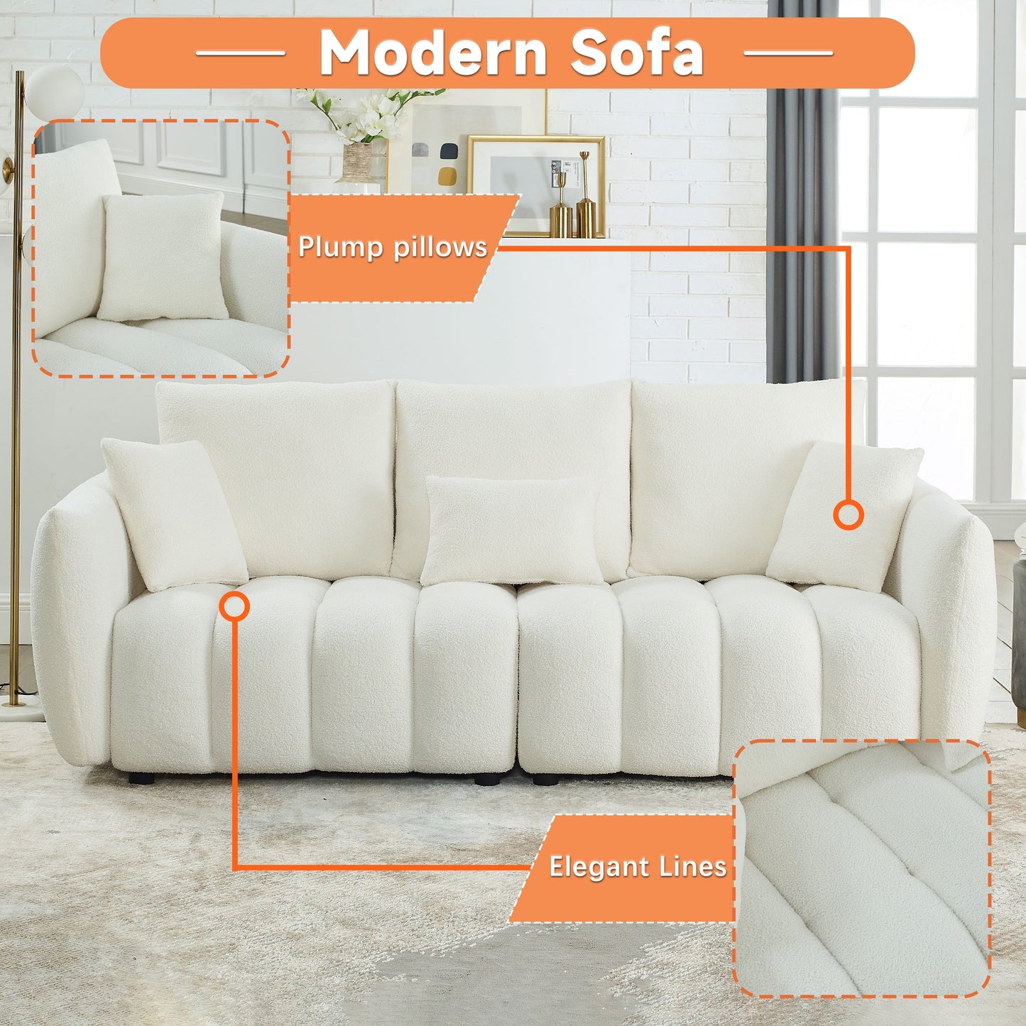 Beige 82'' Fabric 3-Seater Sofa with Plush Back Pillows, Solid Wood Frame, and Comfortable Foam Cushions