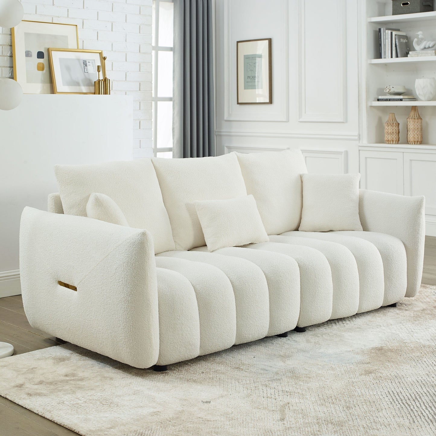 Beige 82'' Fabric 3-Seater Sofa with Plush Back Pillows, Solid Wood Frame, and Comfortable Foam Cushions