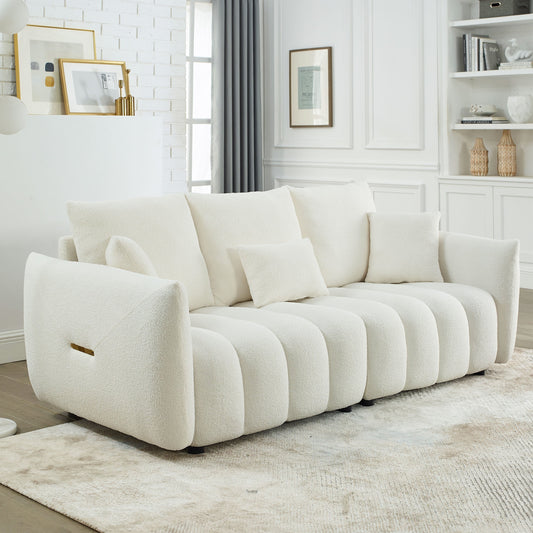Beige 82'' Fabric 3-Seater Sofa with Plush Back Pillows, Solid Wood Frame, and Comfortable Foam Cushions
