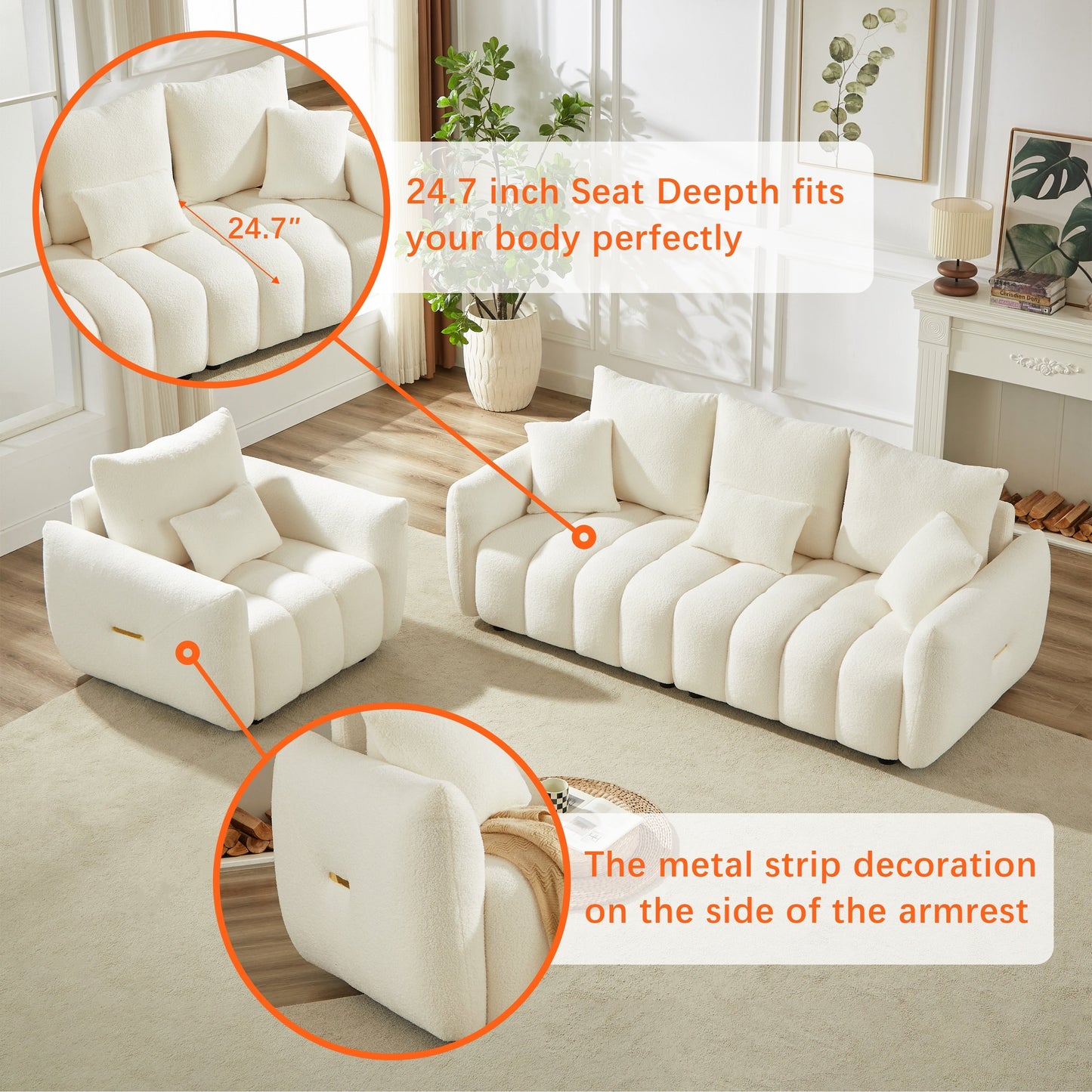 Beige 82'' Fabric 3-Seater Sofa with Plush Back Pillows, Solid Wood Frame, and Comfortable Foam Cushions