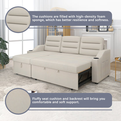 Beige 83.5'' Convertible Sleeper Sofa with Pull-Out Bed, LED Lighting, USB Ports, and Storage Chaise