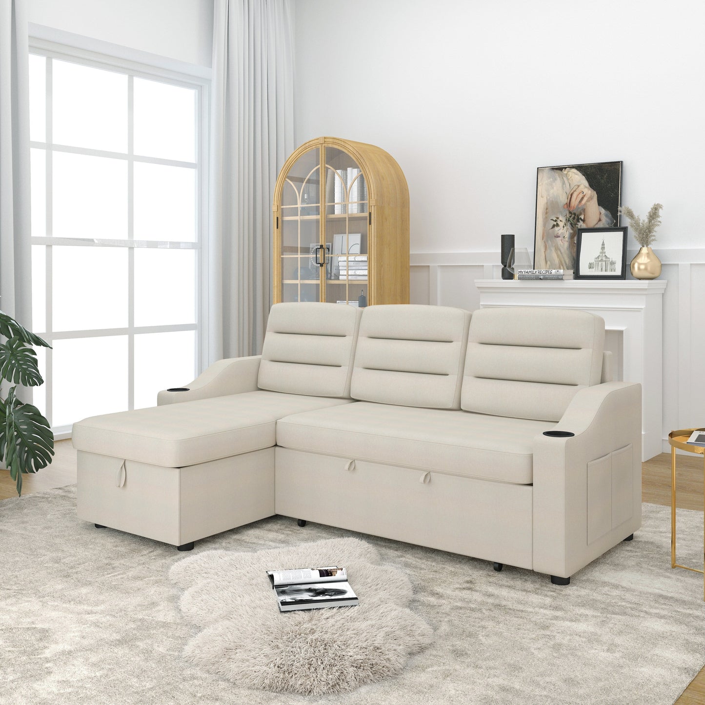 Beige 83.5'' Convertible Sleeper Sofa with Pull-Out Bed, LED Lighting, USB Ports, and Storage Chaise