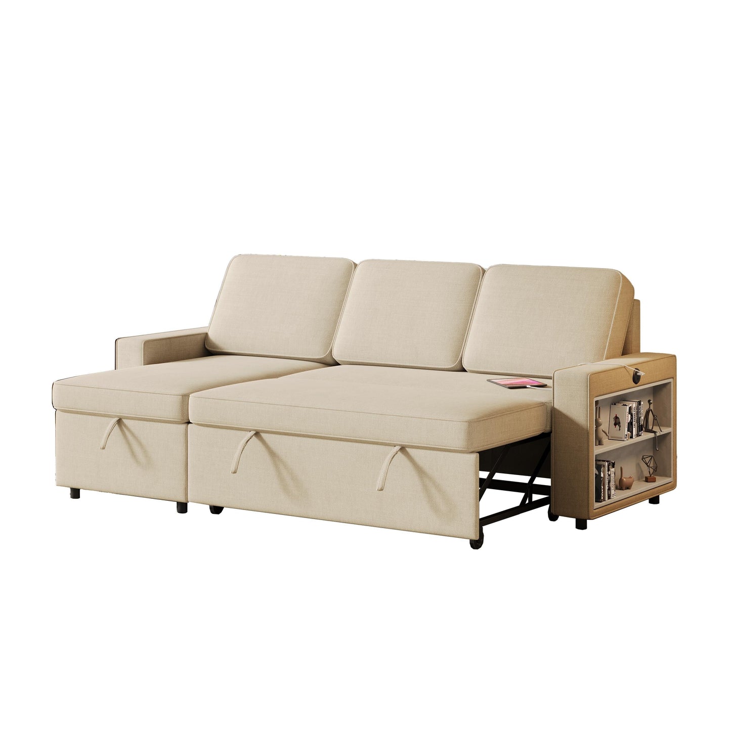 Beige 85.8'' Fabric 3-Seater L-Shaped Sleeper Sofa with Pull-Out Bed, Storage Chaise, USB Ports, and Racks