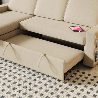 Beige 85.8'' Fabric 3-Seater L-Shaped Sleeper Sofa with Pull-Out Bed, Storage Chaise, USB Ports, and Racks