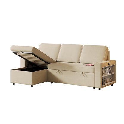 Beige 85.8'' Fabric 3-Seater L-Shaped Sleeper Sofa with Pull-Out Bed, Storage Chaise, USB Ports, and Racks