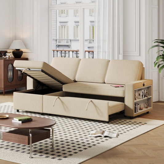 Beige 85.8'' Fabric 3-Seater L-Shaped Sleeper Sofa with Pull-Out Bed, Storage Chaise, USB Ports, and Racks