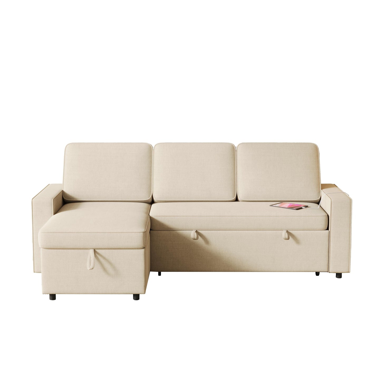 Beige 85.8'' Fabric 3-Seater L-Shaped Sleeper Sofa with Pull-Out Bed, Storage Chaise, USB Ports, and Racks