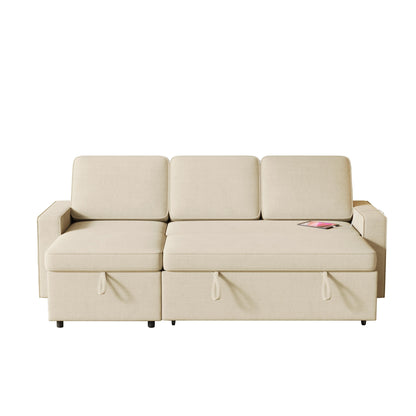 Beige 85.8'' Fabric 3-Seater L-Shaped Sleeper Sofa with Pull-Out Bed, Storage Chaise, USB Ports, and Racks