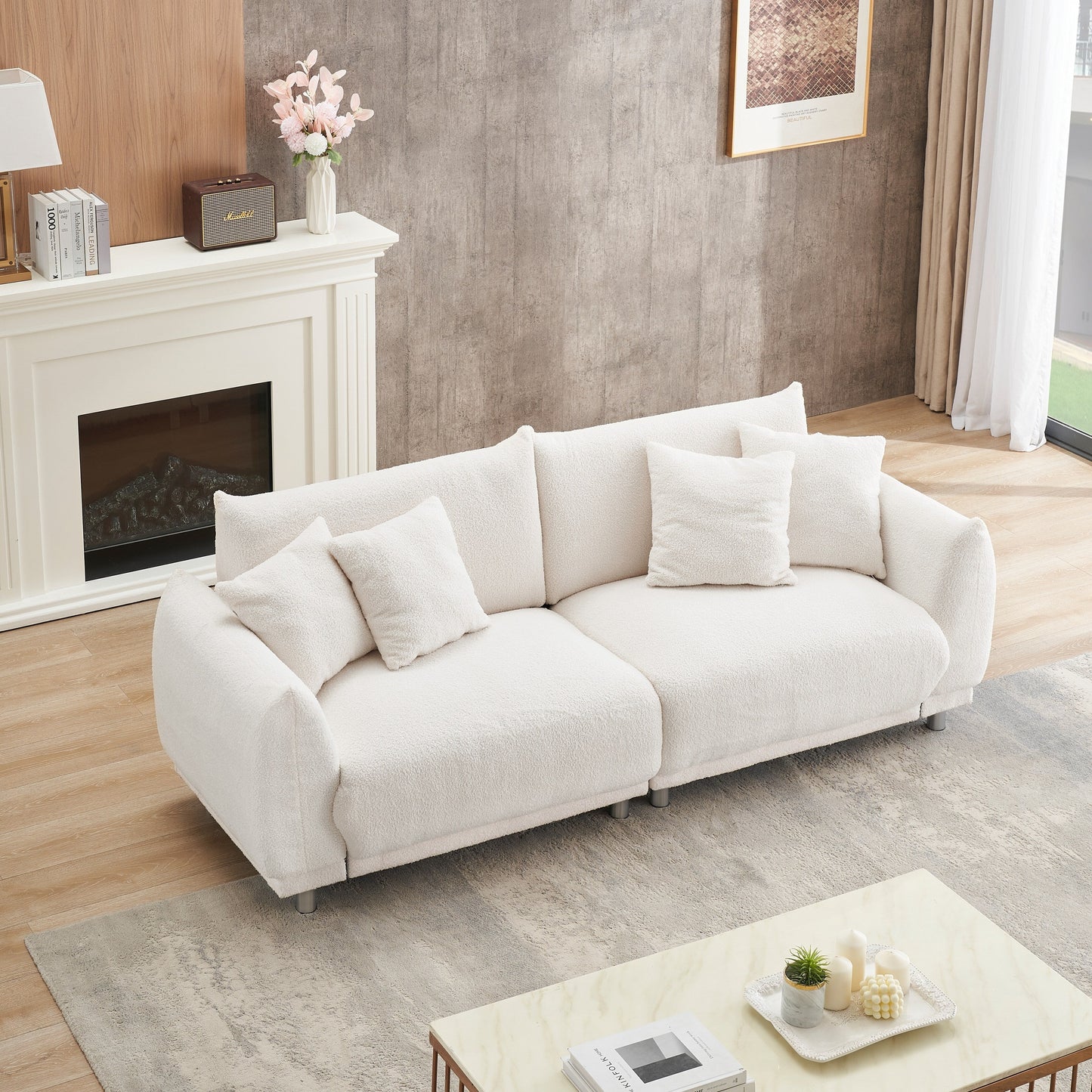 Beige 86.6 Teddy Wool Loveseat Sofa with Four Throw Pillows and Hardware Feet for Living Room