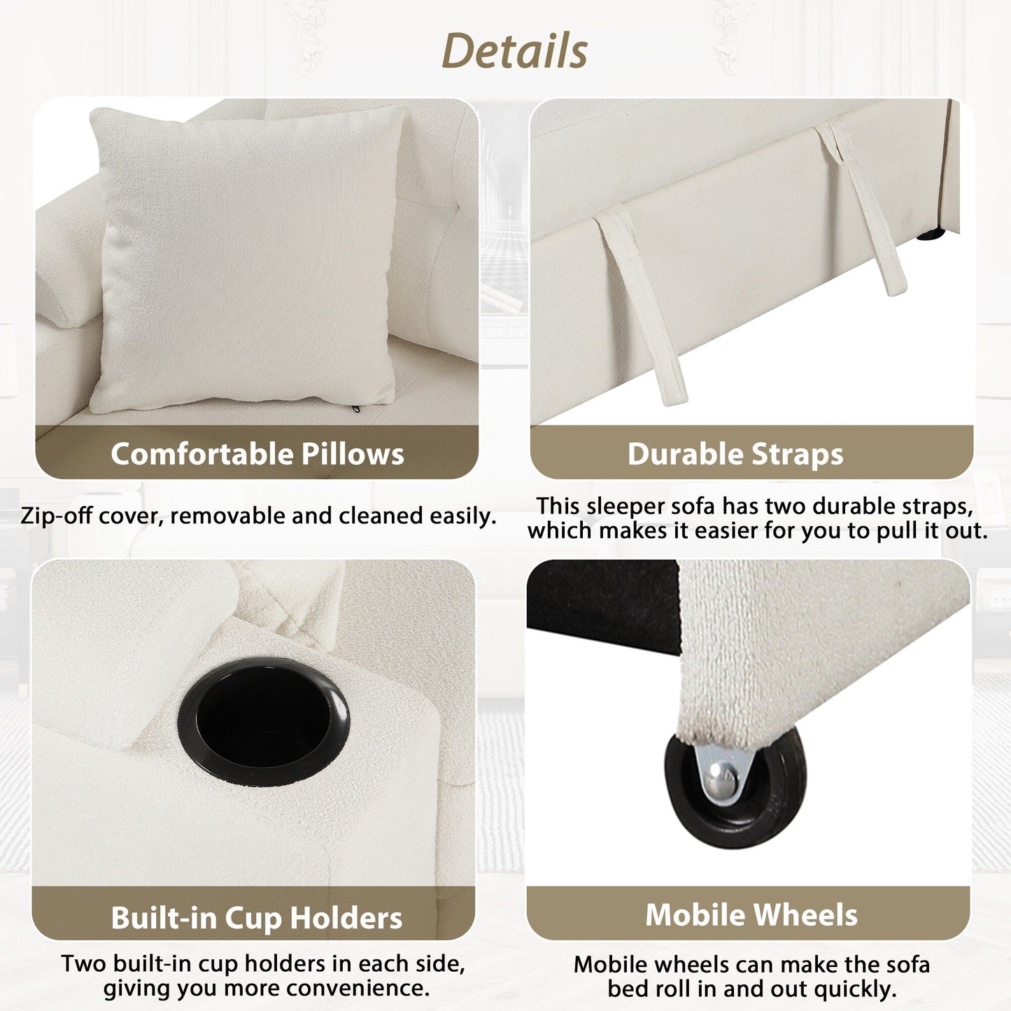 Beige 87.4'' Fabric 3 Seater Sleeper Sofa with Pull-Out Bed, Wheels, USB Ports, Power Sockets, and Built-in Cup Holders