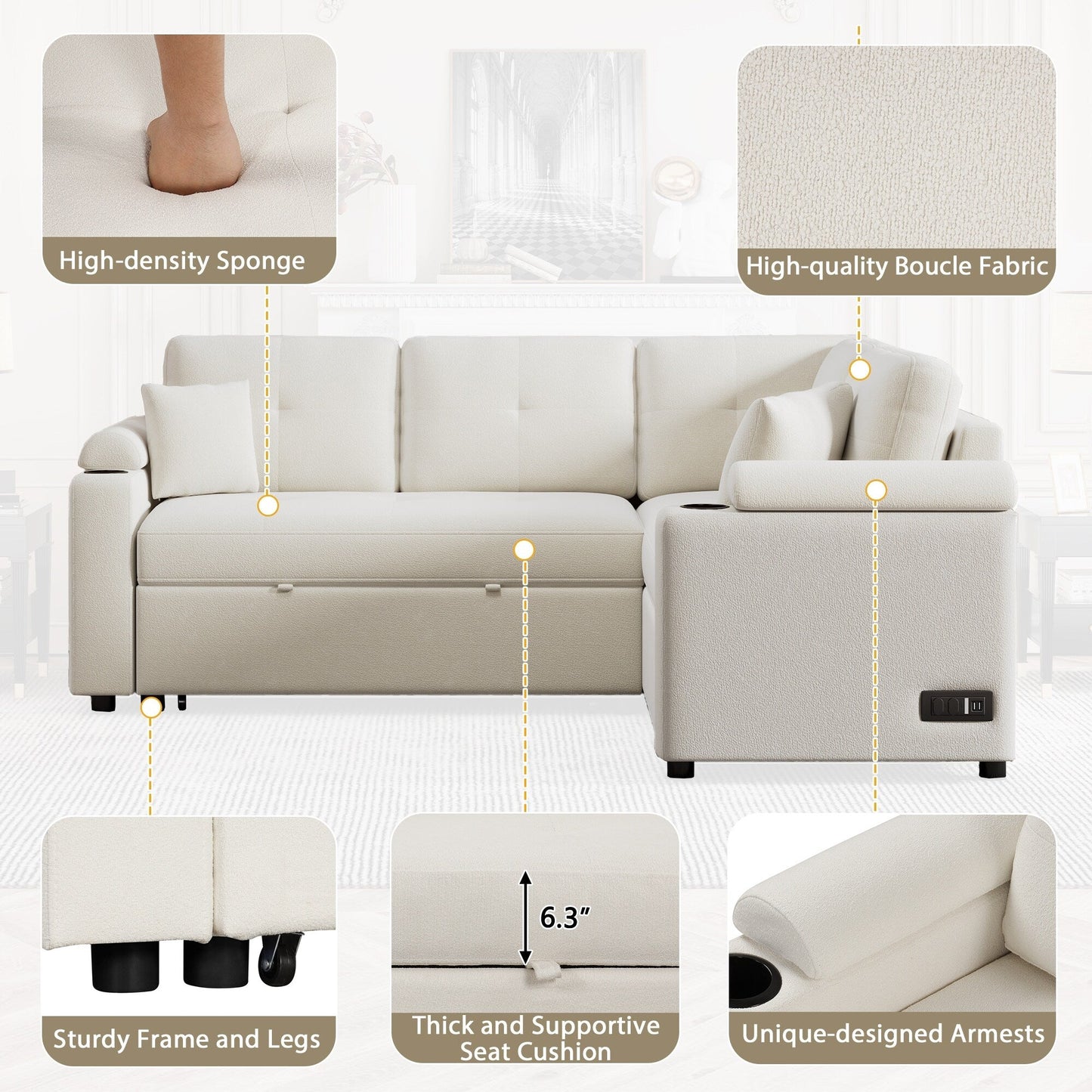 Beige 87.4'' Fabric 3 Seater Sleeper Sofa with Pull-Out Bed, Wheels, USB Ports, Power Sockets, and Built-in Cup Holders