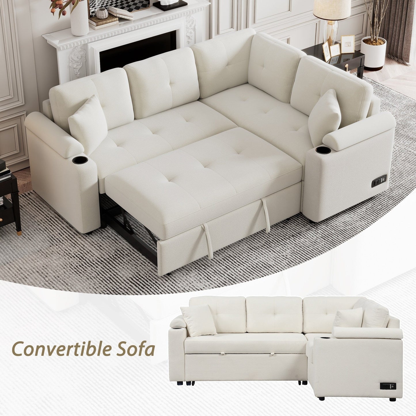 Beige 87.4'' Fabric 3 Seater Sleeper Sofa with Pull-Out Bed, Wheels, USB Ports, Power Sockets, and Built-in Cup Holders