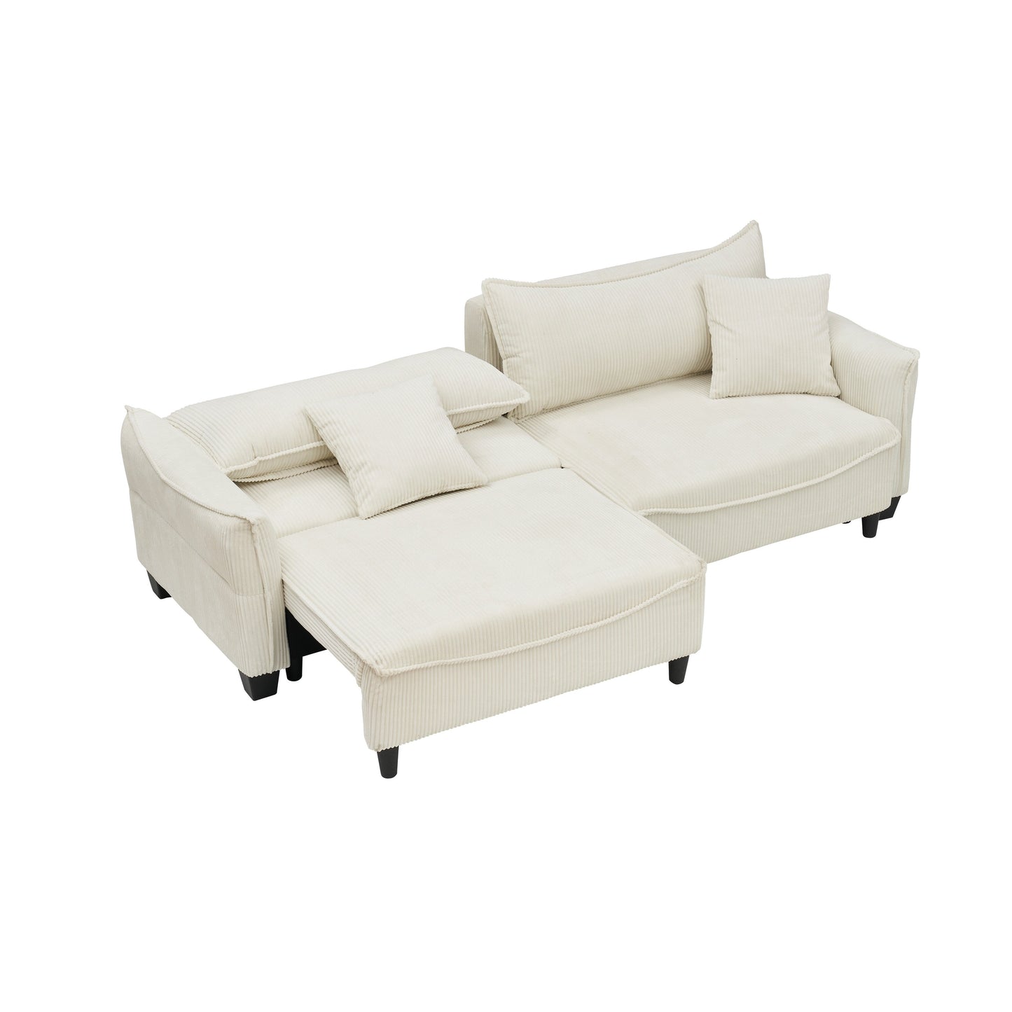 Beige 87.79 Corduroy 3-seater Sofa Bed with Two Throw Pillows and Storage for Living Room