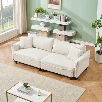 Beige 87.79 Corduroy 3-seater Sofa Bed with Two Throw Pillows and Storage for Living Room