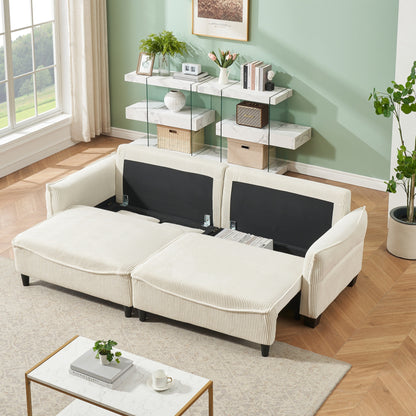Beige 87.79 Corduroy 3-seater Sofa Bed with Two Throw Pillows and Storage for Living Room